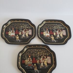 Set of 3  ELITE Tray Made in England Asian Themed Tin Trinket Trays Vintage